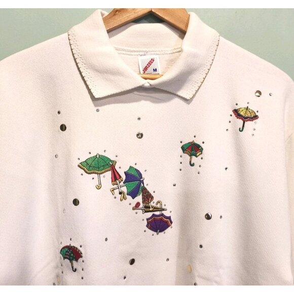 Vtg Deadstock Jerzees Umbrella Applique Collared Cottage Novelty Sweatshirt M - Picture 1 of 9